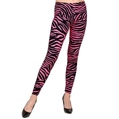 Afbeelding van W WIDMANN MILANO Party Fashion Leggins jaren 80, neon roze tijgerprint, 80s, discokoorts, badknoop, strepenpatroon, themafeest, carnaval