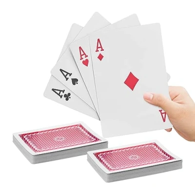 Afbeelding van Relaxdays grote speelkaarten, 2 decks à 54 kaarten, waterbestendig kunststof, 18 x 13 cm, xxl pokerkaarten, kleurrijk