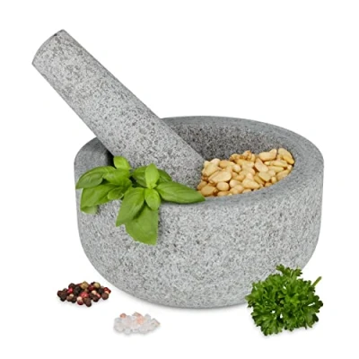 Afbeelding van vijzel met stamper graniet 8 x 16 cm rond zwaar kruiden specerijen grijs