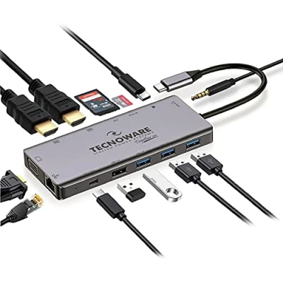 Afbeelding van Tecnoware USB Type C Hub, 13 in 1 adapter, compatibel met MacBook, Notebook, iPad, Windows enz. poorten: 2.0 en 3.0, C, Ethernet, HDMI 4K, SDXC kaartsleuf, Micro SD, audio aansluiting