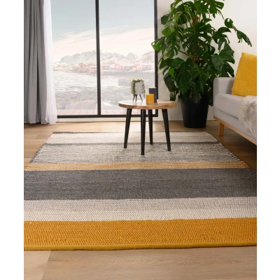 Afbeelding van Wollen Tapijt/Vloerkleed Strepen Lett Okergeel/grijs 200x290 Cm 100% Wol