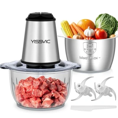 Afbeelding van YISSVIC Elektrische hakmolen, 2 l, 500 W, dubbele kom van glas en roestvrij staal, snelheden, x 4 messen, antislip ring, vaatwasmachinebestendig, voor fruit, groenten, vlees, specerijen
