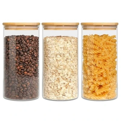 Afbeelding van Comsaf 900ml Luchtdichte Potten met Bambus Deksel, Borosilicaat Glazen Voorraadpotten Set van 3, Opslag Bussen Silicone Afdichtring, Transparante Keuken voor Voedsel, Pasta, Poeder