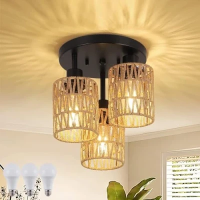 Afbeelding van Rotan Plafondlamp E27 Henneptouw Rieten Kroonluchter Boho Bamboe Nylon Touw Hanglamp Handgemaakte Geweven Plafondmontage voor Slaapkamer Huiskamer Eetkamer Gang