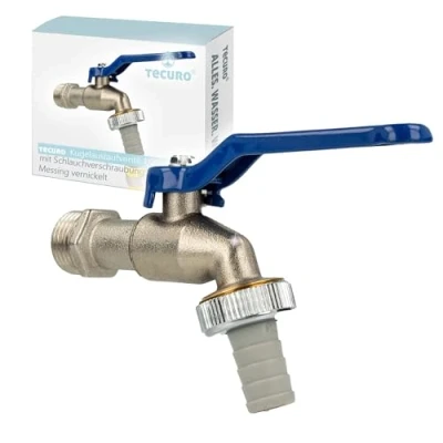 Afbeelding van tecuro Tapkraan uitloopklep kogeluitloopklep 1/2 &quot; wandaansluiting, handvat blauw, messing vernikkeld