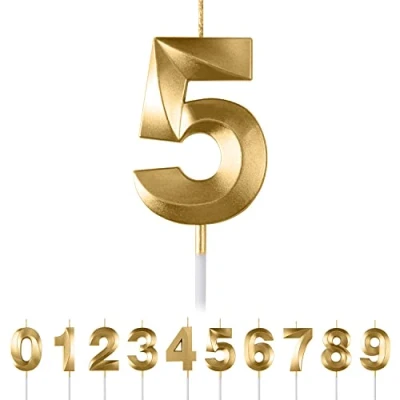 Afbeelding van verjaardagskaarsen, cijfers 5, gouden 3D diamantvorm, taartkaarsen, getal 0, 1, 2, 3, 4, 6, 7, 8, 9, glitter, taarttopper, decoratie voor bruiloft, verjaardag, jubileum