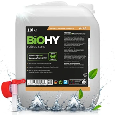 Afbeelding van BiOHY vloeibare zeep (10 Liter Busje) uitlaatkraan Huidvriendelijke, hydraterende &amp; handzeep FOSFAATVRIJ geurloze hygiëneook geschikt voor het gezicht (Flüssig Seife)