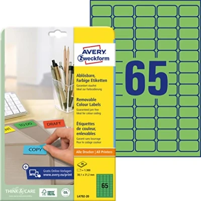 Afbeelding van Avery Gekleurde Etiketten Ft 38,1 X 21,2 Mm (b H), Afneembaar, Groen, 1300 Stuks, 65 Per Blad Etiket