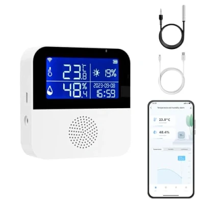 Afbeelding van eMylo Tuya, wifi thermometer, hygrometer voor binnen, kamerthermometer, wifi, temperatuursensor met smart app en gegevensregistratie, babykamer, broeikas, garage