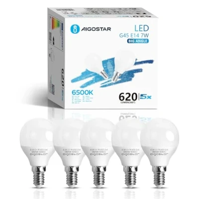 Afbeelding van Aigostar E14 G45 Ledlampen, 7W Schroeflamp, Koel Wit 6500K, 620lm, AC 220 240V, Geschikt Voor Binnenverlichting Zoals Kroonluchters, Hanglampen, Wandlamp, Bureaulamp, Niet Dimbaar, Set van 5