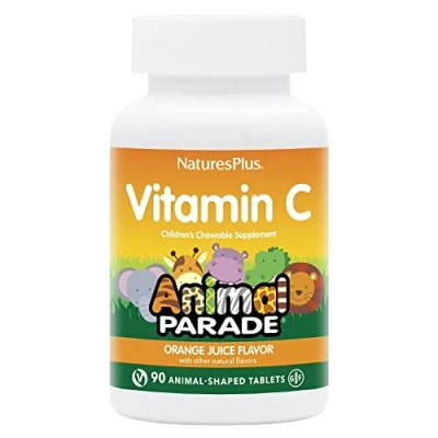 Afbeelding van Nature&#039;s Plus Animal Parade Source of Life Vitamin C Children’s Chewable Natural Orange Juice Flavour 90 Shaped Tablets Immune Support Vegan, Gluten Free 45 Servings