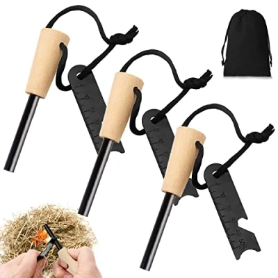 Afbeelding van Set van 3 vuurstaal voor buiten, vuursteen, survival bushcraft, magnesium staaf, vuurstarter met handgemaakte houten handgreep
