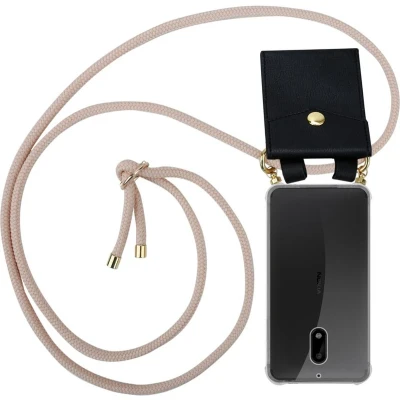 Afbeelding van Cadorabo Hoesje geschikt voor Nokia 6 2017 in PEARLY ROSE GOUD Silicone Mobiele telefoon ketting beschermhoes met gouden ringen, koordriem en afneembare etui