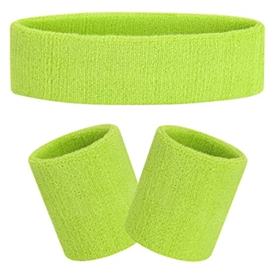 Afbeelding van FACATH Zweetbandset Lichtgroene Sport Hoofdband Polsband Set Badstof Atletische Oefening Basketbal Hoofdbanden Vochtafvoerend Zweetabsorberend Katoen Gestripte Zweetband