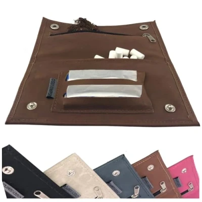 Afbeelding van Tabaktas used Leather touch tabakszak voor draaitabak met vakken filter vloeitjes aansteker (2.) cognac double)