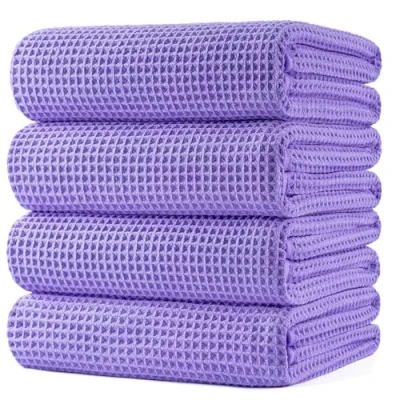 Afbeelding van Polyte Microvezel badhanddoek pluisvrij en sneldrogend wafelstructuur zeer groot lila 152 x 76 cm 4 stuks