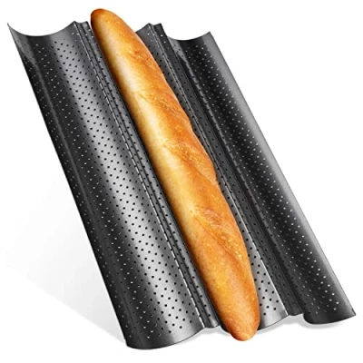Afbeelding van Feelino Bakvormen, baguette bakvorm van koolstofstaal, vaatwasmachinebestendige 3 delige bakplaat, baguetteplaat met putten, broodjes geperforeerd, brood bakaccessoires,