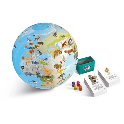 Afbeelding van Caly Opblaasbare wereldbol met spelletjes, dieren van de wereld, Stick&#039;N Quiz, 30 cm, 032F, oceaanblauw