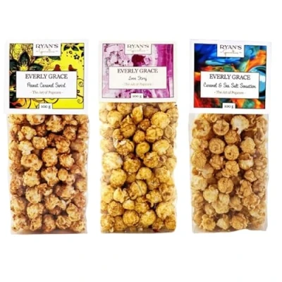 Afbeelding van Everly Grace Popcorn Originals Bundle Caramel &amp; Sea Salt Sensation, Peanut Swirl, Love Story, 100 g ambachtelijke popcornzakken uit onze fabriek in Augsburg, Duitsland