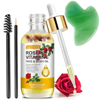Afbeelding van Rozenolie voor gezicht + Gua Sha hulpmiddel, organische vitamine E olie tegen huidveroudering, littekens, gezichtsolie, natuurlijke massage lichaamsolie droge huid, hoofdhuid en nagels