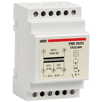 Afbeelding van Vemer VN321600 transformator voor bellen TMD 30/24, installatie op DIN balken discontinue service, primaire spanning 230 V, secundaire 12 24 vermogen 30 A, lichtgrijs