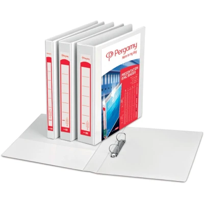 Afbeelding van Pergamy personaliseerbare ringmap, ft A4, 2 pochettes, 3 insteektassen, D ringen van 25 mm, wit ringmap