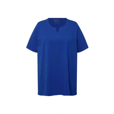 Afbeelding van Ulla Popken, Dames grote maten, T shirt, A lijn, tuniekhals, halve mouwen, kobaltblauw, 62 64
