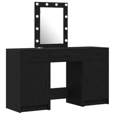 Afbeelding van vidaXL Kaptafel Set 3 delig Zwart Eiken Bewerkt Hout Spiegel