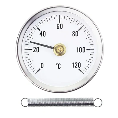 Afbeelding van Aanlegthermometer, verwarmingsbuis 0 120 C, 63 mm, bimetalen verwarmingsthermometer met roestvrijstalen wijzer, thermometer, verwarmingsbuis, contactmeter, veeropzetstuk