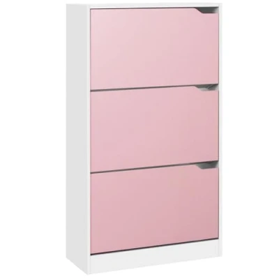 Afbeelding van BAKAJI Schoenenrek van MDF hout met 3 deuren, inklapbare schoenenhouder, intrekbare handgrepen, dubbele diepte, compact formaat, smal, 63 x 24 115 cm, ruimtebesparend, entree thuis (roze en wit)