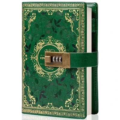Afbeelding van Vintage lederen dagboek notitieboek met cijferslot, B6 reliëf bloem geheim gelijnd papier om te schrijven, cadeau voor vrouwen meisjes kinderen (groen)