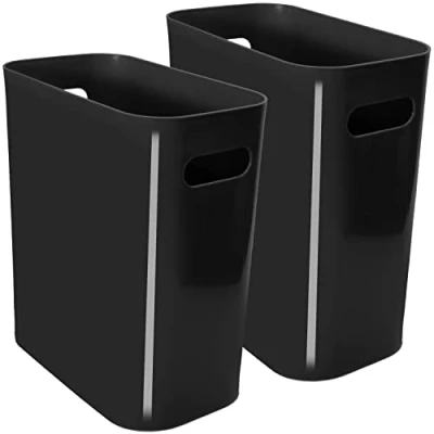 Afbeelding van Youngever 2 stuks 10 l slanke vuilnisbak, herbruikbare plastic vuilnisbak met handgrepen voor thuiskantoor, woonkamer, studeerkamer, keuken, badkamer (zwart)