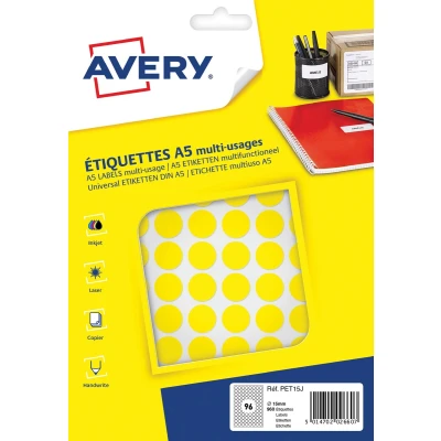 Afbeelding van Avery Pet15j Ronde Markeringsetiketten, Diameter 15 Mm, Blister Van 960 Stuks, Geel Markeringsetiketten