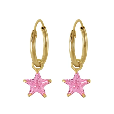 Afbeelding van JoyS Zilveren ster bedel oorbellen kristal roze oorringen 14k goudplating