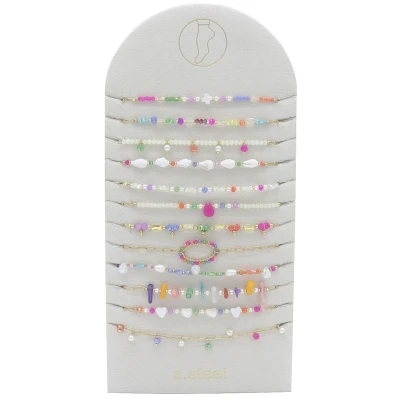Afbeelding van Enkelbandjes Set van 12 multicolor parels kralen RVS goudkleurig
