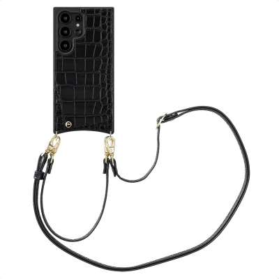 Afbeelding van Selencia Hoesje Geschikt voor Samsung Galaxy S24 Ultra met Pasjeshouder Nova Croco Backcover koord en pashouder Zwart