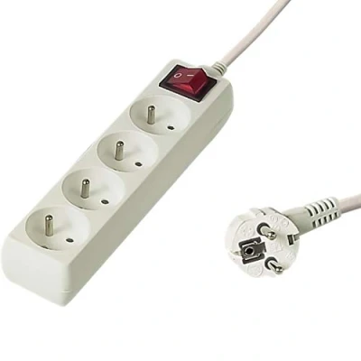 Afbeelding van PremiumCord stekkerdoos met lichtschakelaar, 2 m, 4 stopcontacten, verlenging 230 V, Franse 45 graden gedraaid, hoogwaardige kinderbeveiliging, kleur: wit