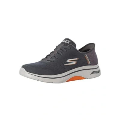 Afbeelding van Skechers Heren Handsfree Slip ins GO Walk Arch FIT 2.0 Simplicity 2 Sneaker, Houtskool en Oranje textiel/synthetisch, 6.5 UK, Textiel Synthetisch, 40 EU