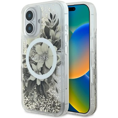 Afbeelding van Guess GUHMP16SLFMWTE iPhone 16 6.1&quot; beżowy/beige hardcase Liquid Glitter Flower MagSafe (Apple 16), Smartphonehoes, Beige