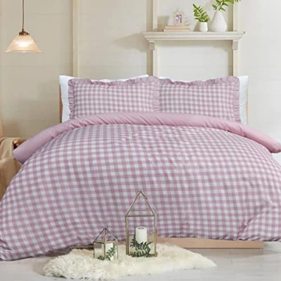 Afbeelding van Sleepdown Gingham Check Blush Roze Plain Omgekeerd Zacht Gemakkelijk Onderhoud Dekbedovertrek Quilt Beddengoed Set Met Ruche Rand Kussenslopen King (230cm x 220cm)