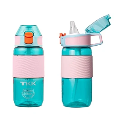 Afbeelding van TITIROBA TKK drinkfles met rietje, 450 ml, lekvrij, BPA vrij, Tritan, spotr voor fiets, camping, yoga, gym, blauw 1003