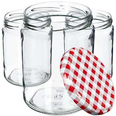 Afbeelding van KADAX Wekpotten 540 ml, inmaakpot om in te zetten, inmaakpotten voor schroefdeksel, jampot, voorraadpot, conservenglas, ronde glazen (rood geruit/24 stuks), 8.6x8.6x11.6, K7497 K7608