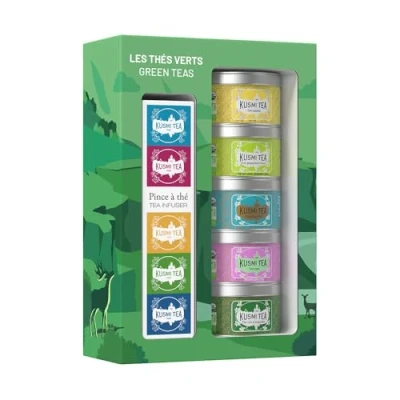 Afbeelding van Kusmi Tea &#039;The Green Teas&#039; Geschenkset + theetang Assortiment biologische thee Groene met munt, jasmijn, citroen, gember Vervaardigd in Frankrijk 5 blikken van 25g