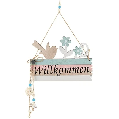 Afbeelding van COM FOUR® deurbord &quot;Willkommen&quot; decoratief lentebord van hout met een koord om op te hangen paasbord voor de voordeur (01 stuk vogel en bloem)