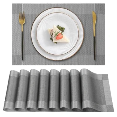 Afbeelding van Gucass Set van 8 placemats, afwasbaar, pvc, antislip, geweven hittebestendig, voor keuken, restaurant, eettafel, 45 x 30 cm, grijs
