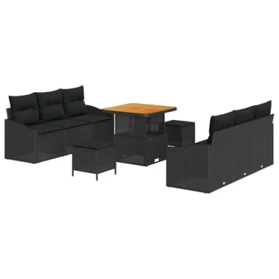 Afbeelding van vidaXL 9 delige Tuin Sofa Set met Kussens Zwart Poly Rattan Acacia