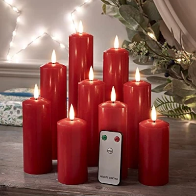 Afbeelding van Lights4fun TruGlow® Set van 9 fijne rode waxkaarsen met warmwitte leds op batterijen en afstandsbediening voor gebruik binnenshuis
