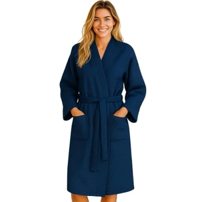 Afbeelding van Morgenstern ochtendjas zomer dames katoen wafel badjas reizen kamerjas licht XL donkerblauw