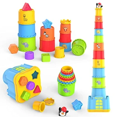 Afbeelding van MOONTOY Stapelbekers, baby stapelspeelgoed voor 1 jaar oud, stapelblok, 19 stuks nestvormensorteerder, vroeg educatief bad babyspeelgoed 2 tot 3 verjaardagscadeau peuters