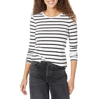 Afbeelding van Amazon Essentials Women&#039;s T shirt met lange mouwen en ronde hals in klassieke pasvorm (verkrijgbaar grote maten), Wit Streep/Zwart, XXL